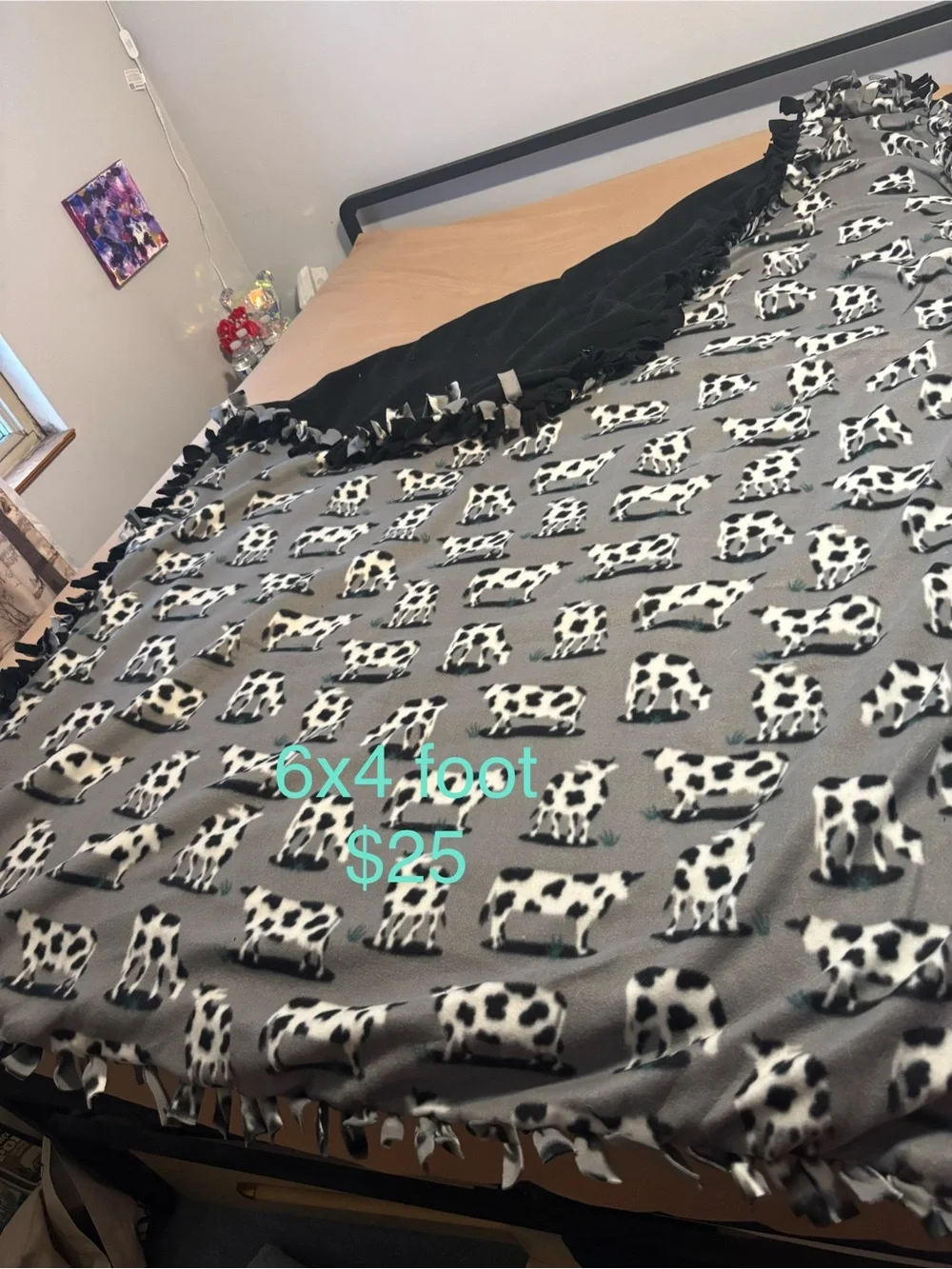Reversible Fleece Tie Blanket - Black & Gray Cow Spot